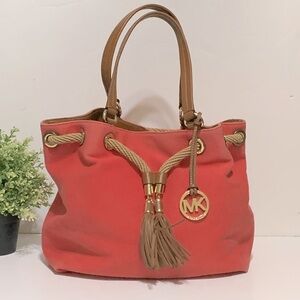 Michael Kors Marina Canvas Bucket Duffle Bag Handbag Shoulder Tassels